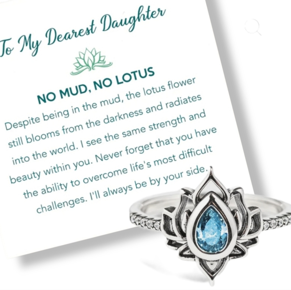 Sterling Silver & BlueTopaz Daughter Ring 'No Mud No Lotus' Inspirational Motto